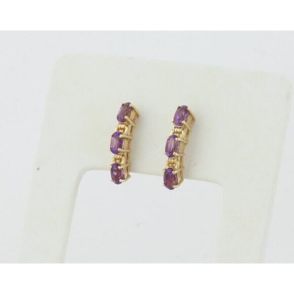 10k Yellow Gold Natural Amethyst Earrings Half Hoop - Picture 7 of 8